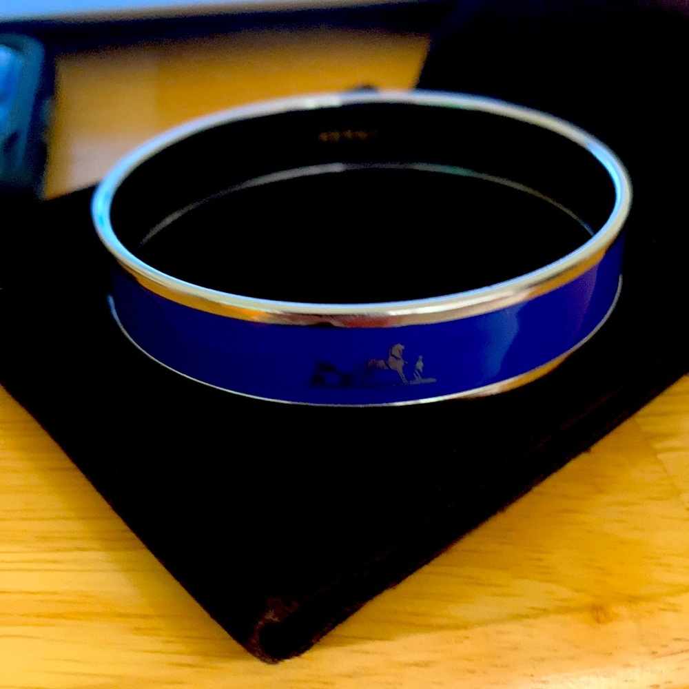 Authentic HERMES Logo Cloisonne Enamel Bangle Bracelet Blue Paris Accessory